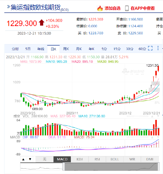 集运指数（欧线）主力合约日内涨超9%，现报1229.3点