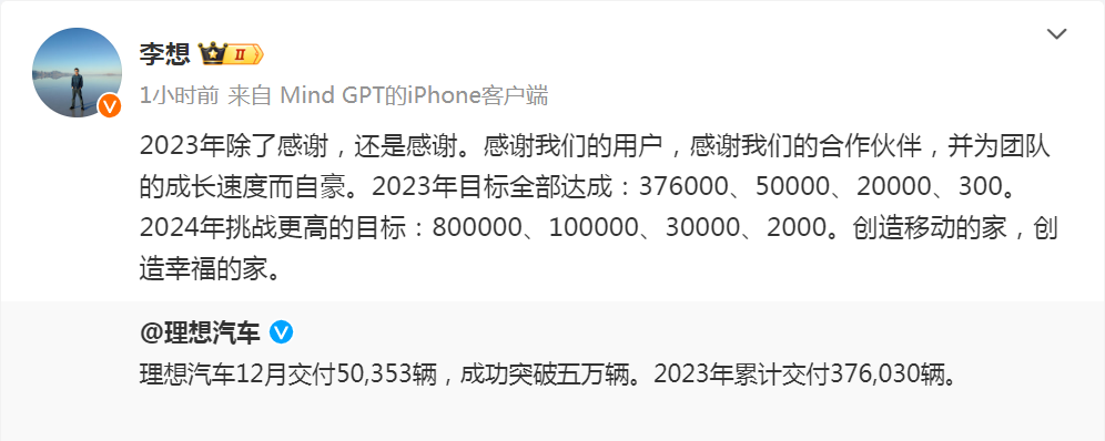 理想汽车等去年12月成绩单出炉，李想发声：今年将挑战80万年销量、10万月销量